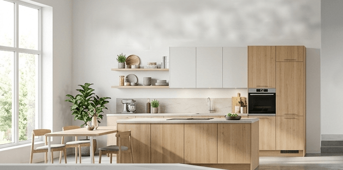 Helle, moderne Holzküche in offener Raumgestaltung mit klaren Linien und gemütlicher Atmosphäre.